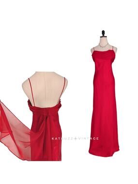 Vintage Prom Dress Maxi Gown M Red 90s Y2K Fairy Goth Ruffle Satin Grunge Slip
